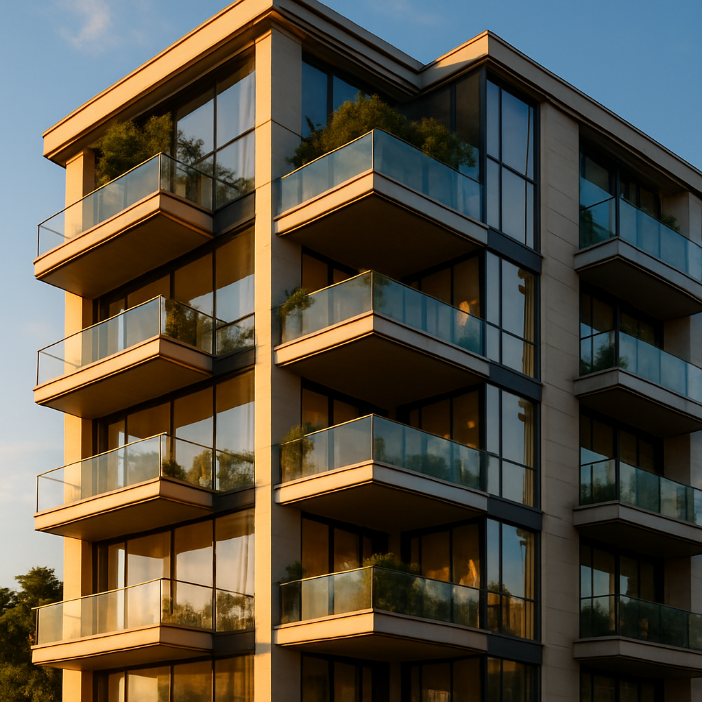 Edifício residencial moderno ao entardecer
